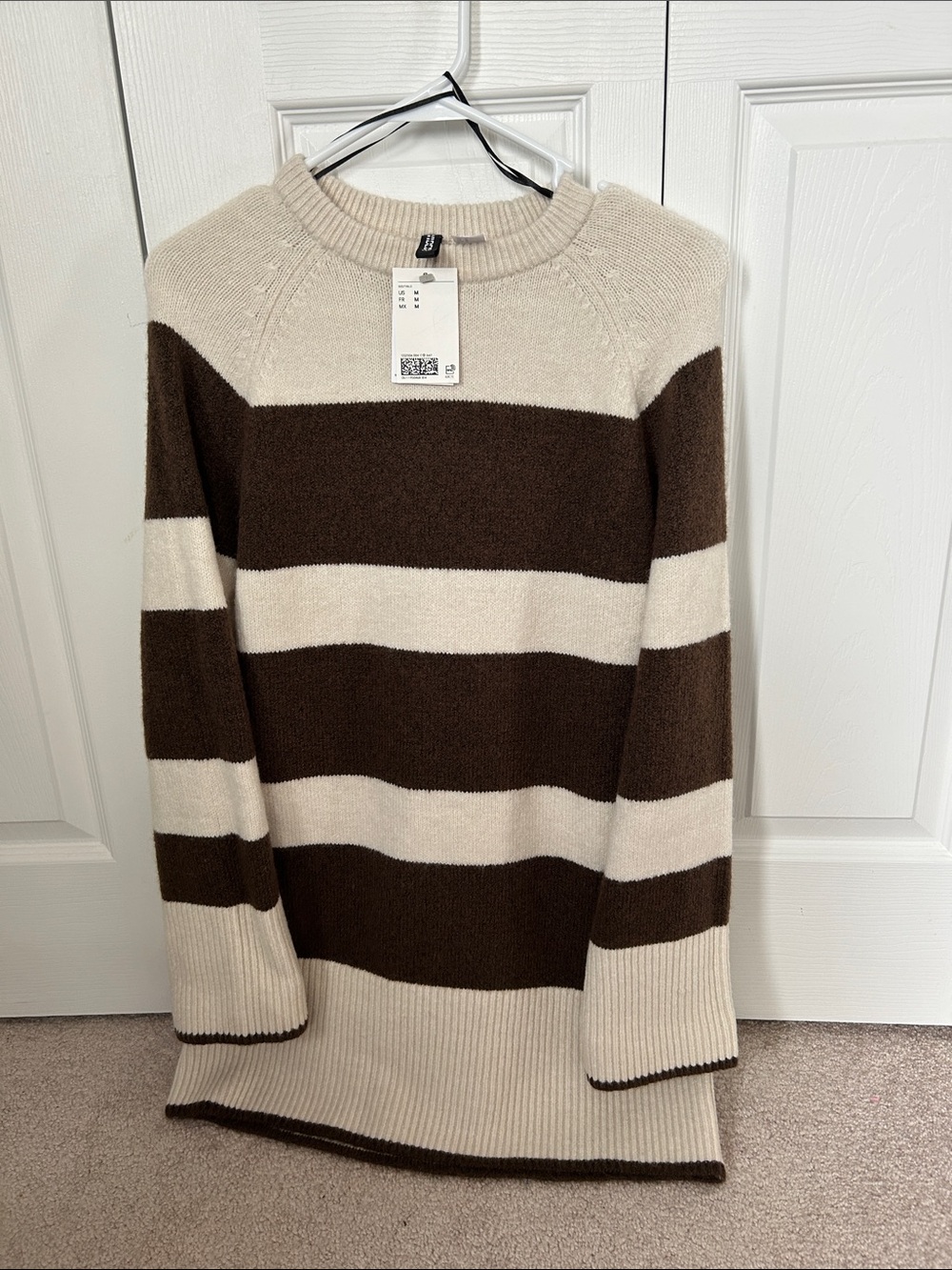 H&M Striped Mini Dress in Cream and Brown, size M, NWT